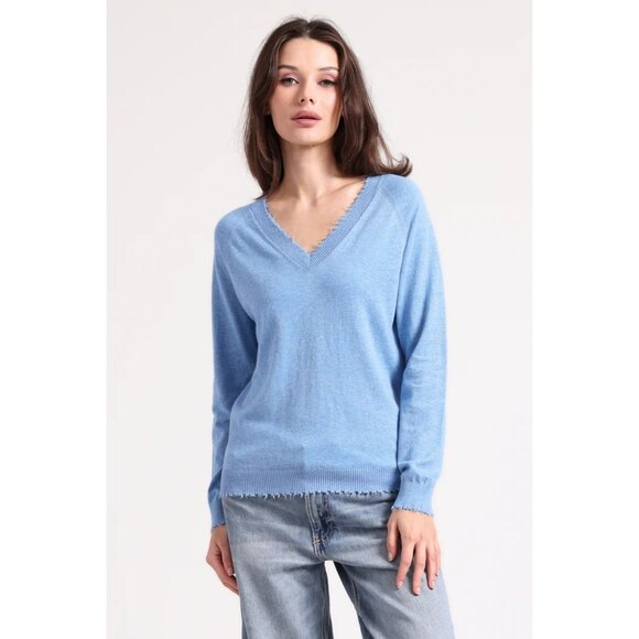 Minnie Rose Frayed Edge V Sweater in Blue - Picture 2 of 5